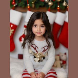 Jingles & Joy Girl's Size M (7/8) White Red Sequin Deer Christmas Pajama Set